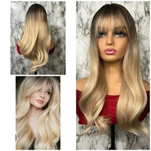 26” Balayage Light Blonde Wavy long Hair Wig & bangs Natural look for daily use